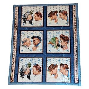 Norman Rockwell Tied Quilt wall hanging 51x43 Blue The Gossip Americana Folk Art